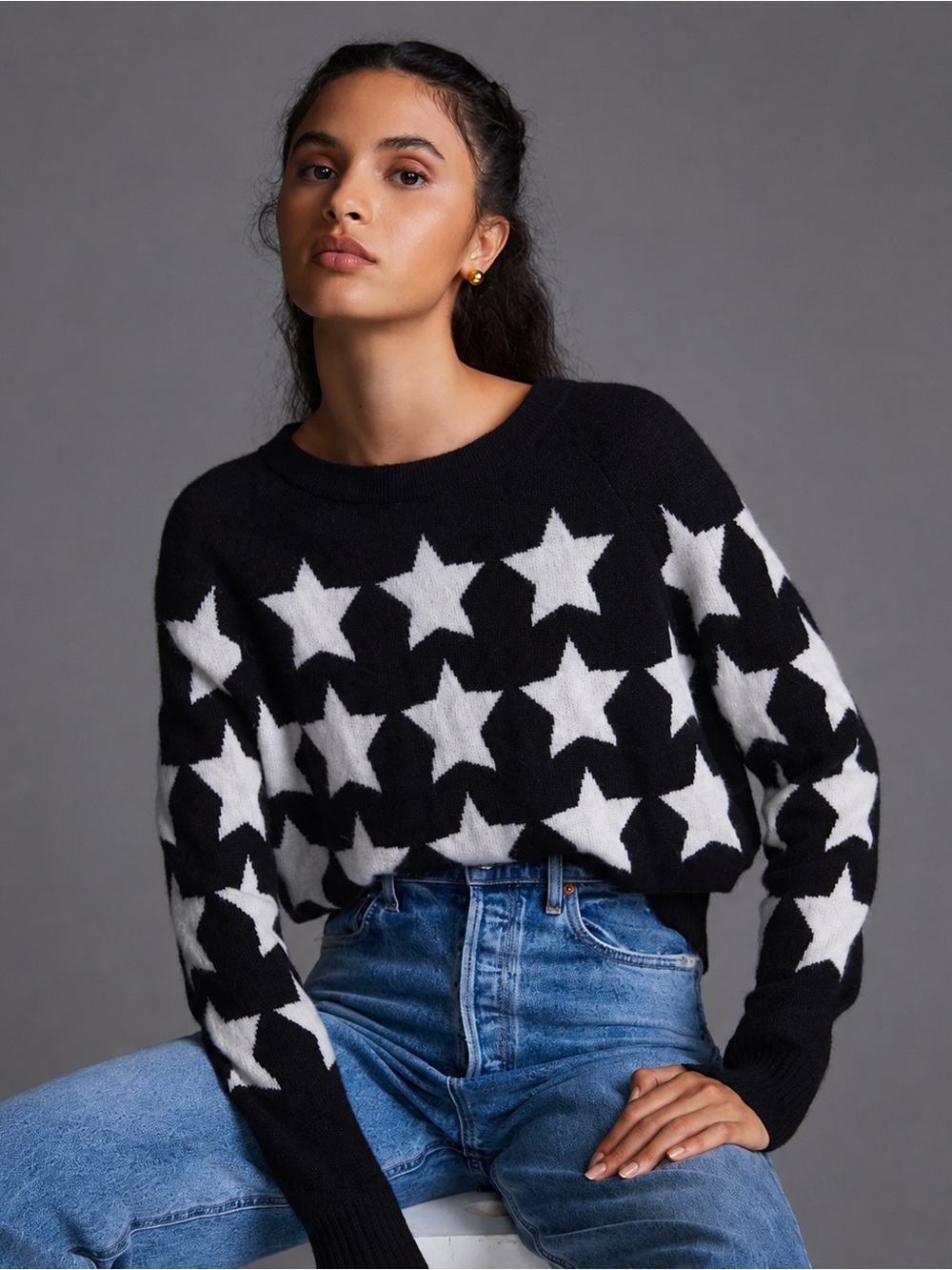 White + Warren Double Layer Cashmere‎ Star Sweater Small Crewneck